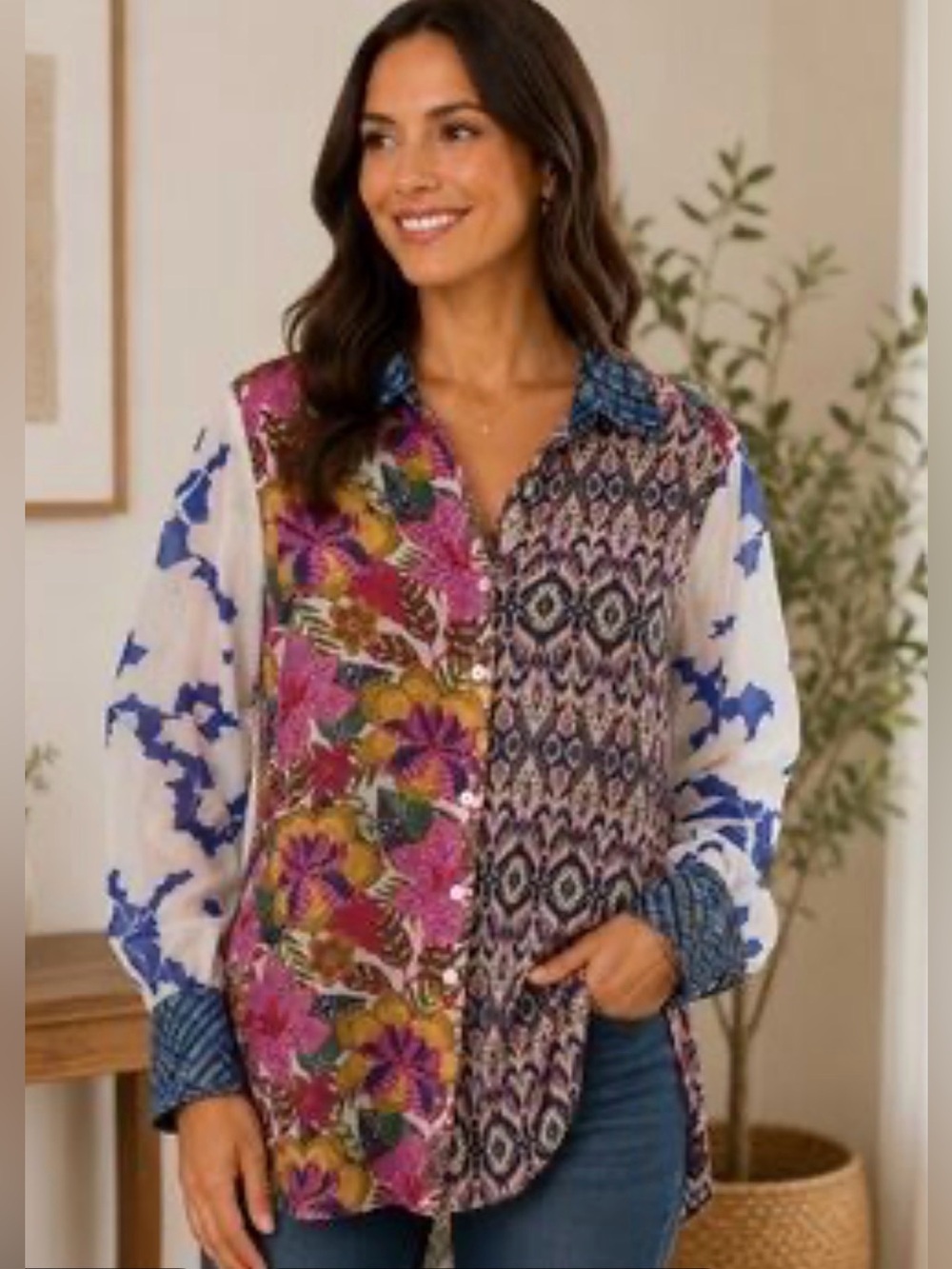 Rose & Olive Multicolor Mixed-Print Button-Down Shirt